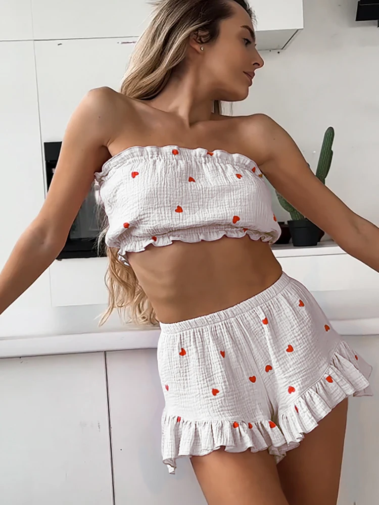 HiLoc Summer Print Cotton Shorts Sleepwears Suits Fashion Strapless Crop Tops Sexy Ruffled Shorts Pajamas Sets Women 2 Pieces