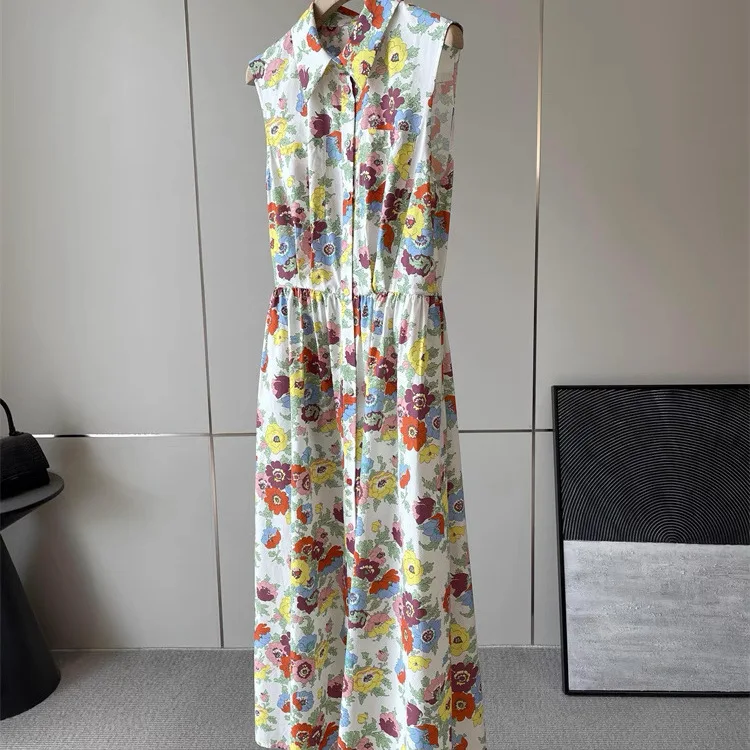 

Summer Women's Long A-Line Dress High Waist Liberty Print Silk Cotton Umbrella Skirt Sleeveless Collar Single Button Clo...