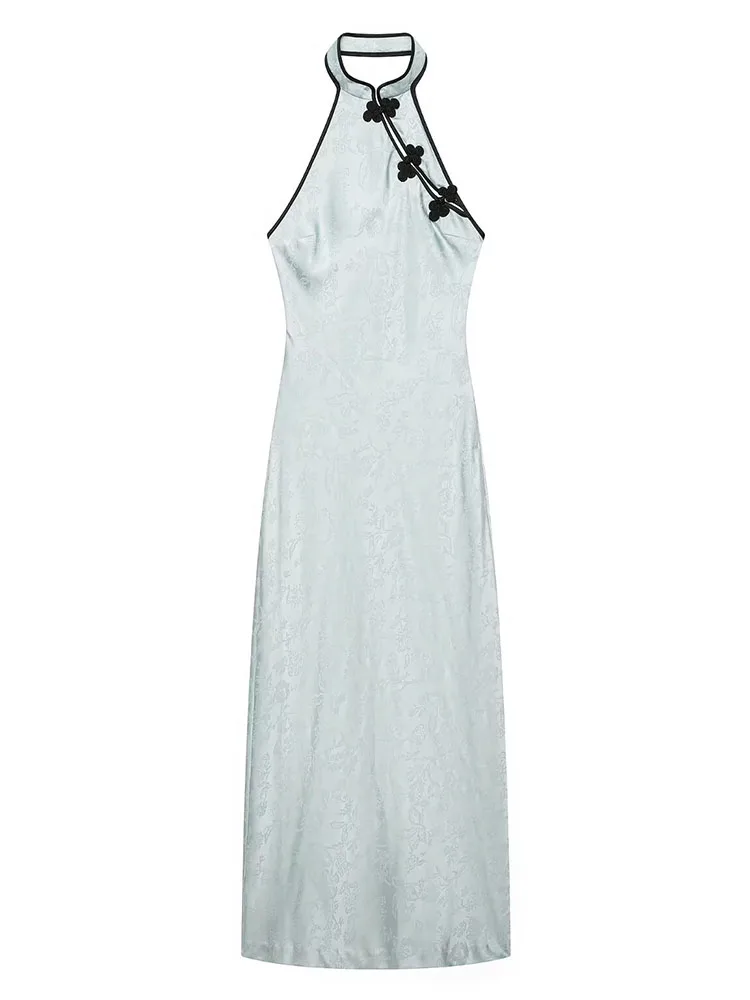 HH Women Summer Mint Blue Oriental Jacquard Satin Cheongsam Dress Halter Collar Button Slim Fit Maxi For Resort Vacation Wear