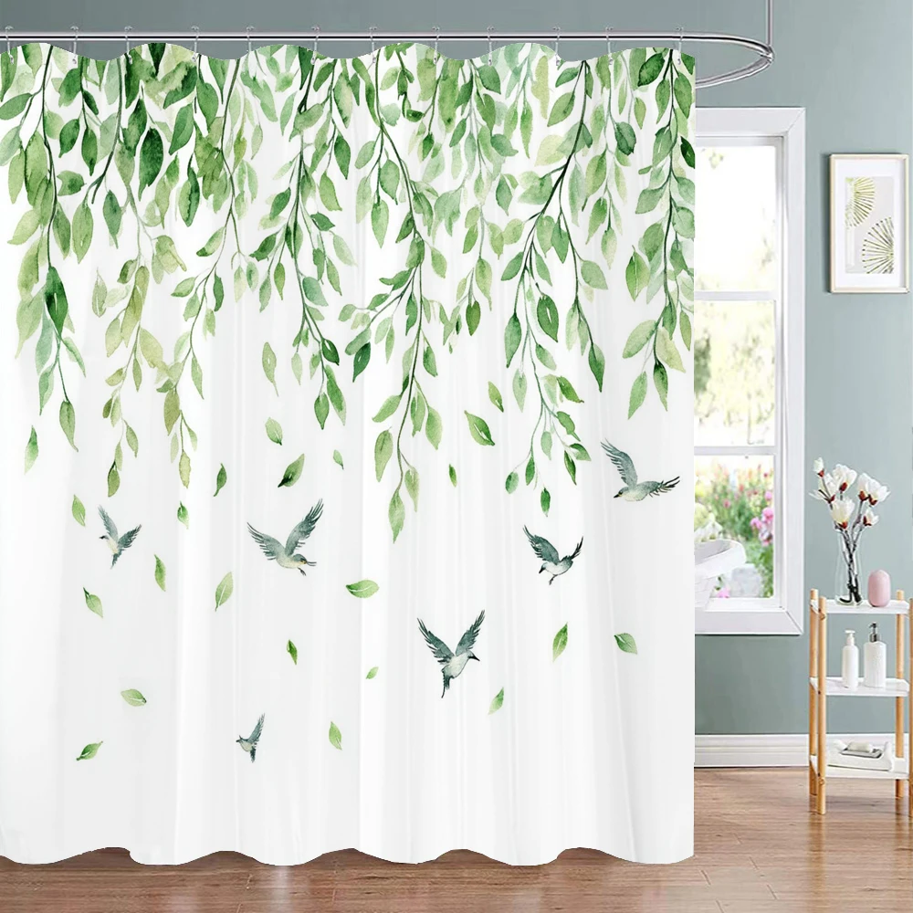 

Цельная весенняя занавеска для душа с зелеными листьями растений, декоративная занавеска для душа в ванной комнате, водонепроницаемая занавеска для душа с крючками