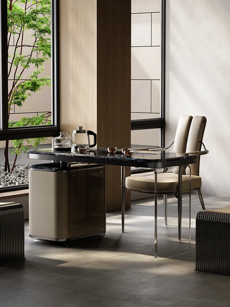 Natural Marble Tea Table and Chairs, Combination Designer Style, High-end Acrylic Balcony Kung Fu Tea Table