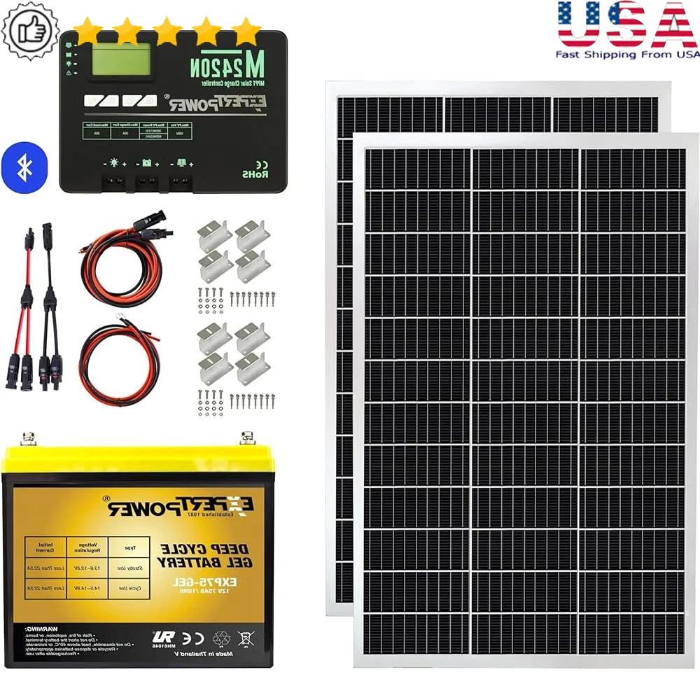 200W 12V Solar Power Kit Off-Grid with 900Wh Gel Battery 20A MPPT Charge Controller Monocrystalline Solar Panels DC Cables