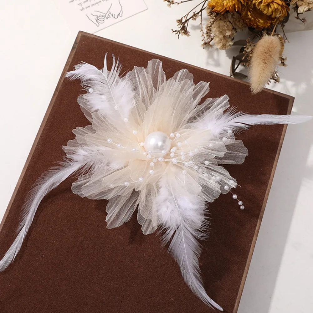 新しいオーガンザレトロパールフェザーフラワーフローラルシェイプDIYファブリックアップリケ衣料品アクセサリー