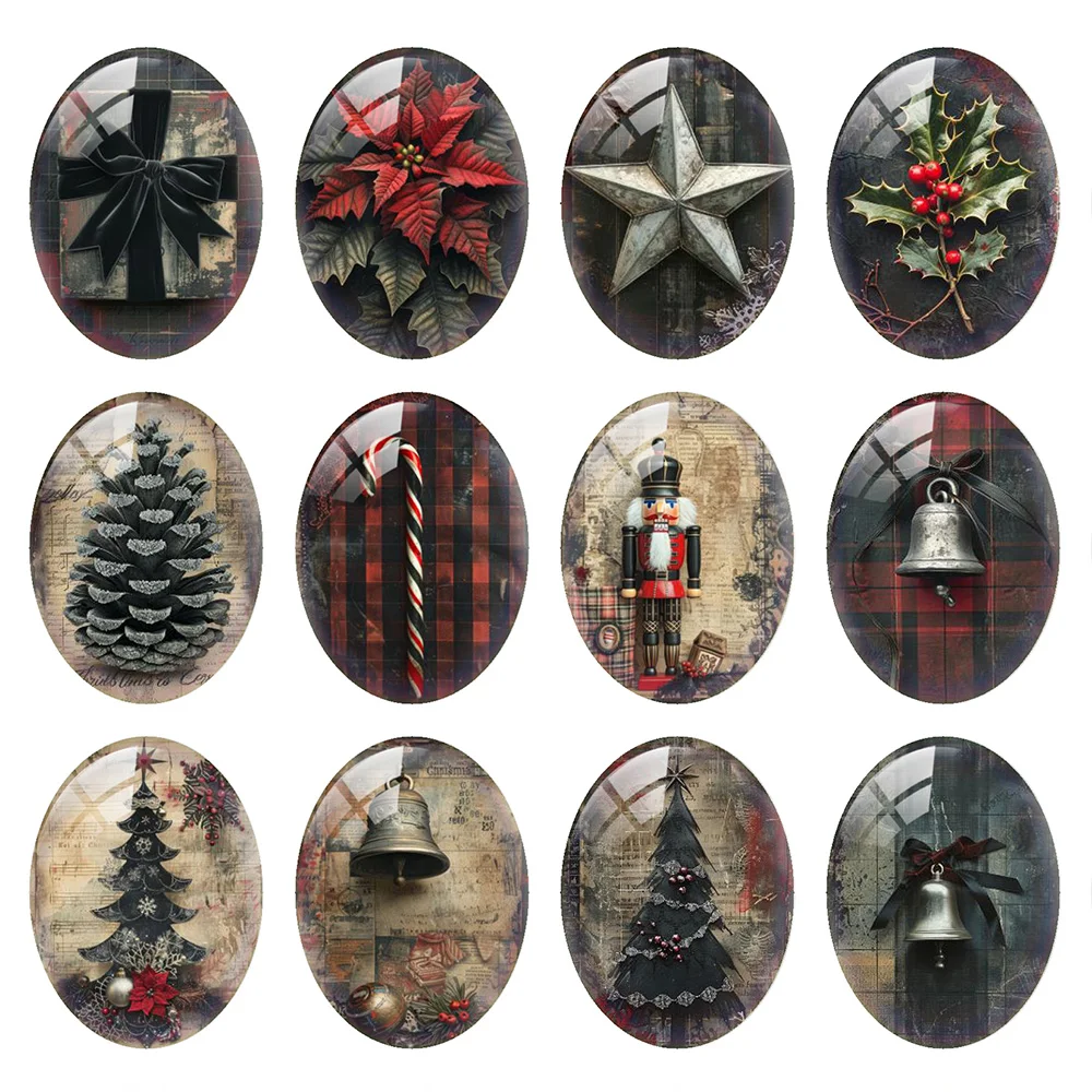 

10pcs/lot Black Christmas X-mas Tree Jingle Bell Pinecone Star Oval Photo Glass Cabochon Flatback Demo Cameo Diy Jewelry Making