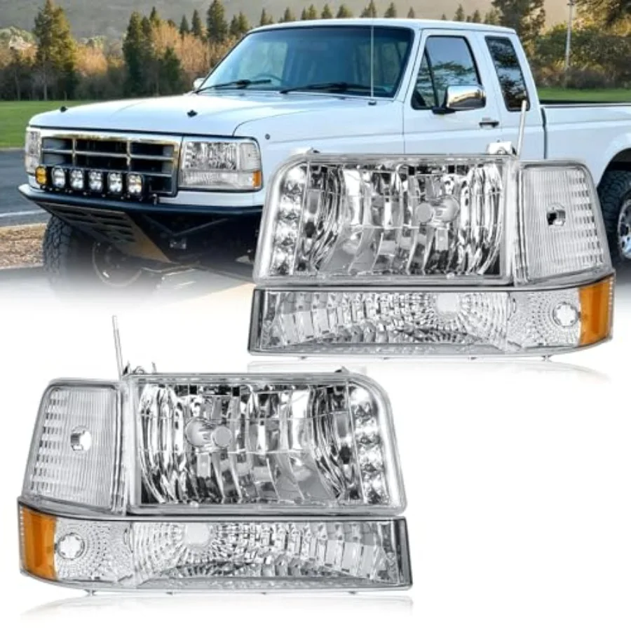 

LED Headlight Assembly Kit for 1992-1996 F150/F250/F350/Bronco with LED Bar Chrome Housing Amber Reflector