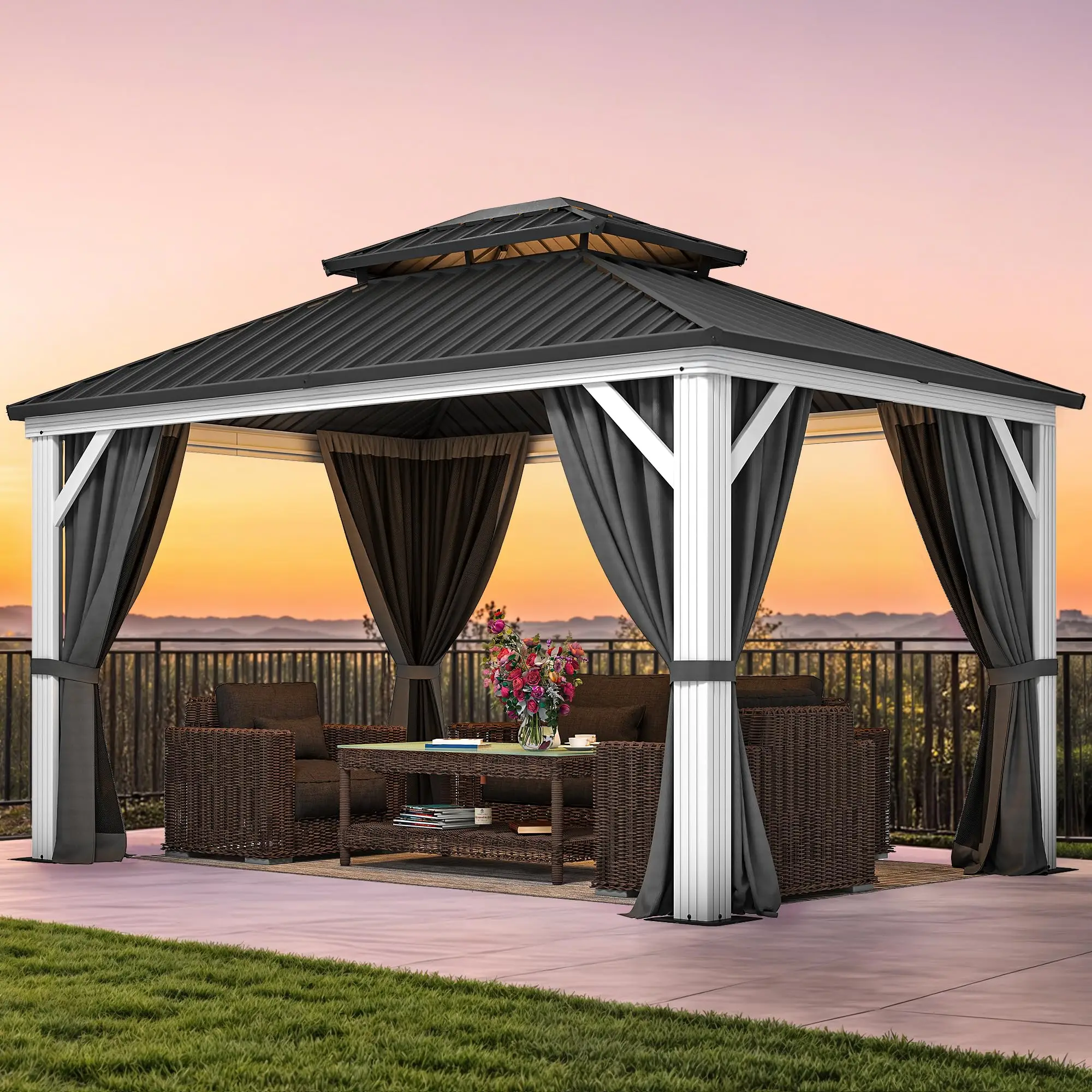 High Quality Modern Easily Assembled Durable Custom Size Pavilion White Aluminum Double Roof Outdoor Hardtop Gazebo For Patio