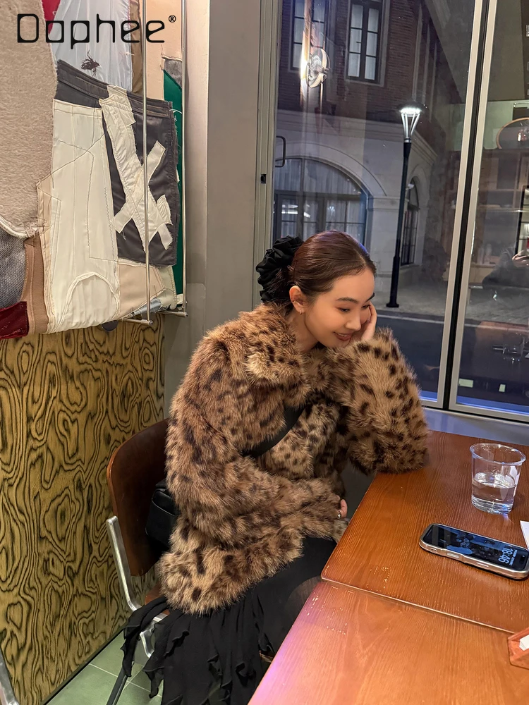 Abrigo de piel ecológico con estampado de leopardo para mujer, abrigo de longitud media coreano Chic a la moda con cuello vuelto, abrigo de piel cálido y grueso holgado y delgado
