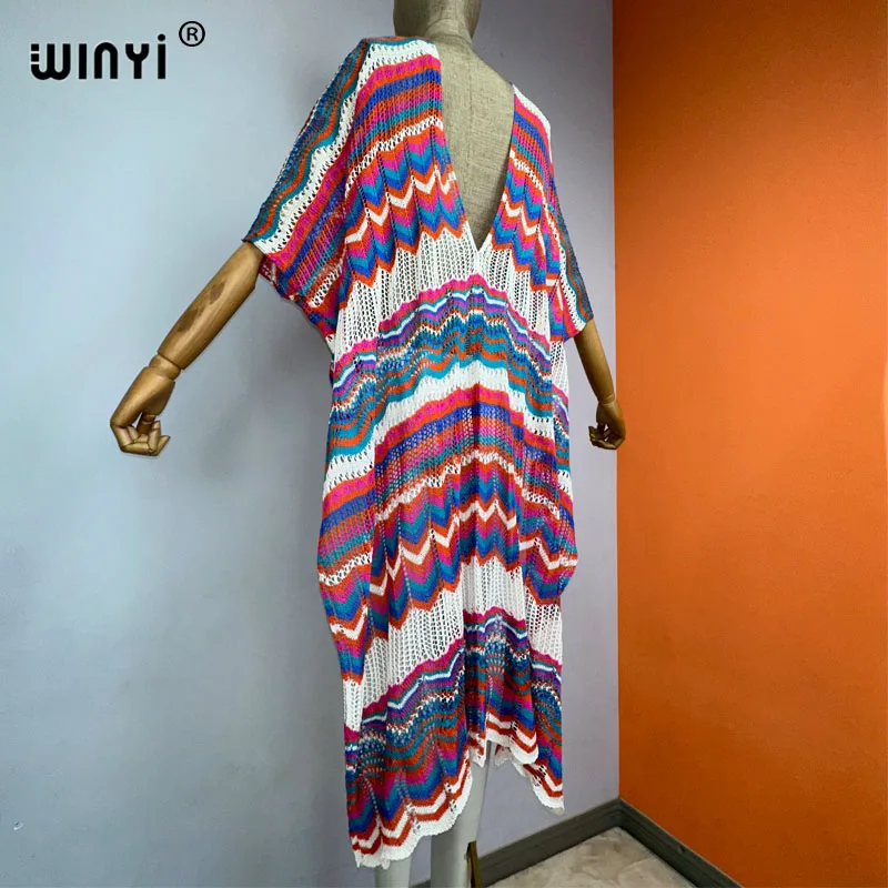 WINYI summer Africa Women coat irregolare elegante Boho maxi beach Swimming Cover Up Hollow sexy cappotto con stampa a righe lavorate a maglia