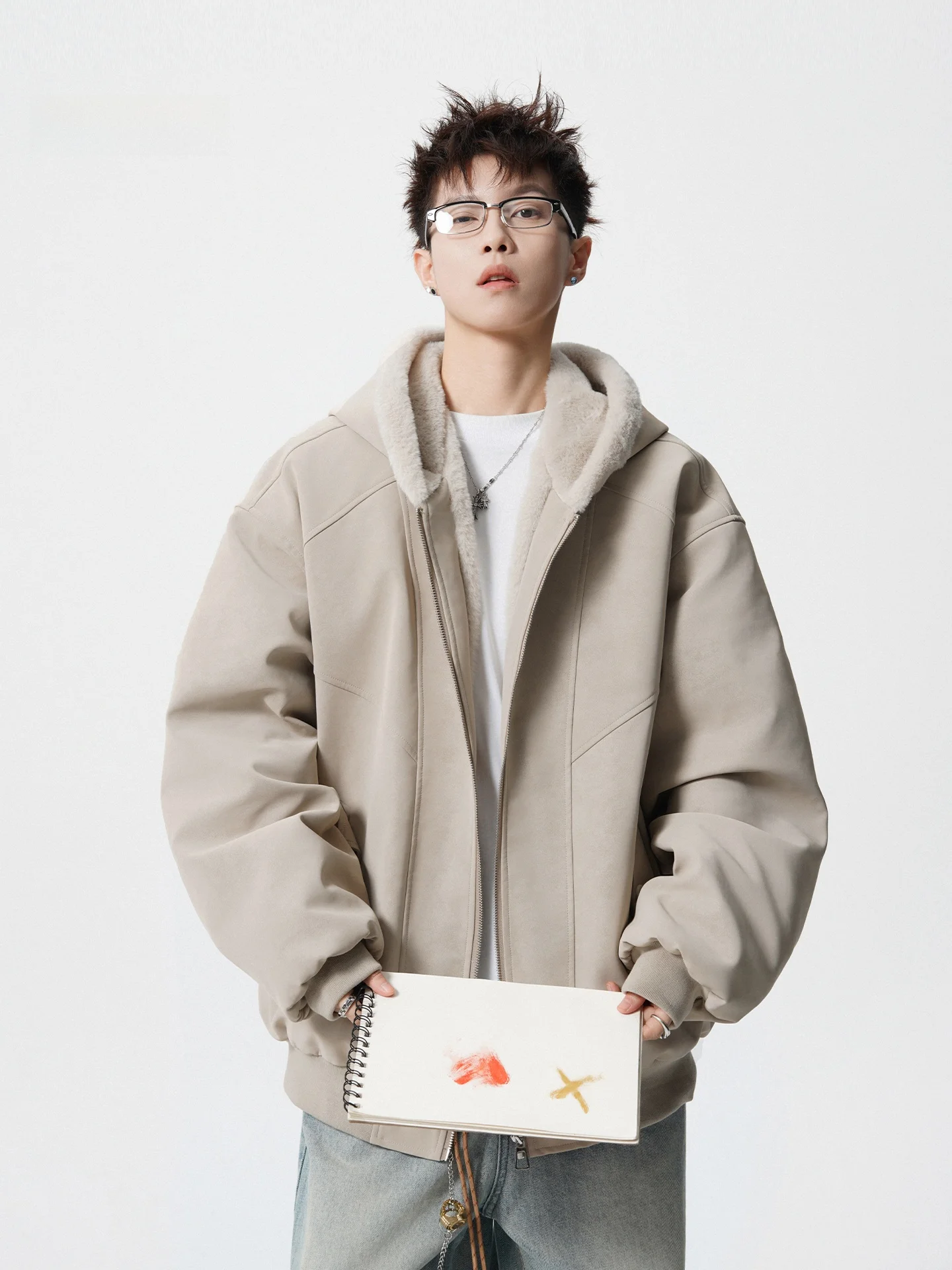 

Retro American Cotton Jaet Men's Winter Thiened Fce Hooded PU Leather Coat Warm Sli Youth Faion Casual Outerwear