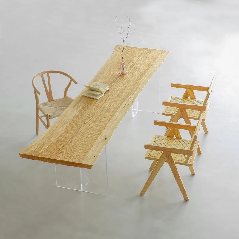

Ash wood solid wood dining table creative natural edge log large board table acrylic suspended tea table
