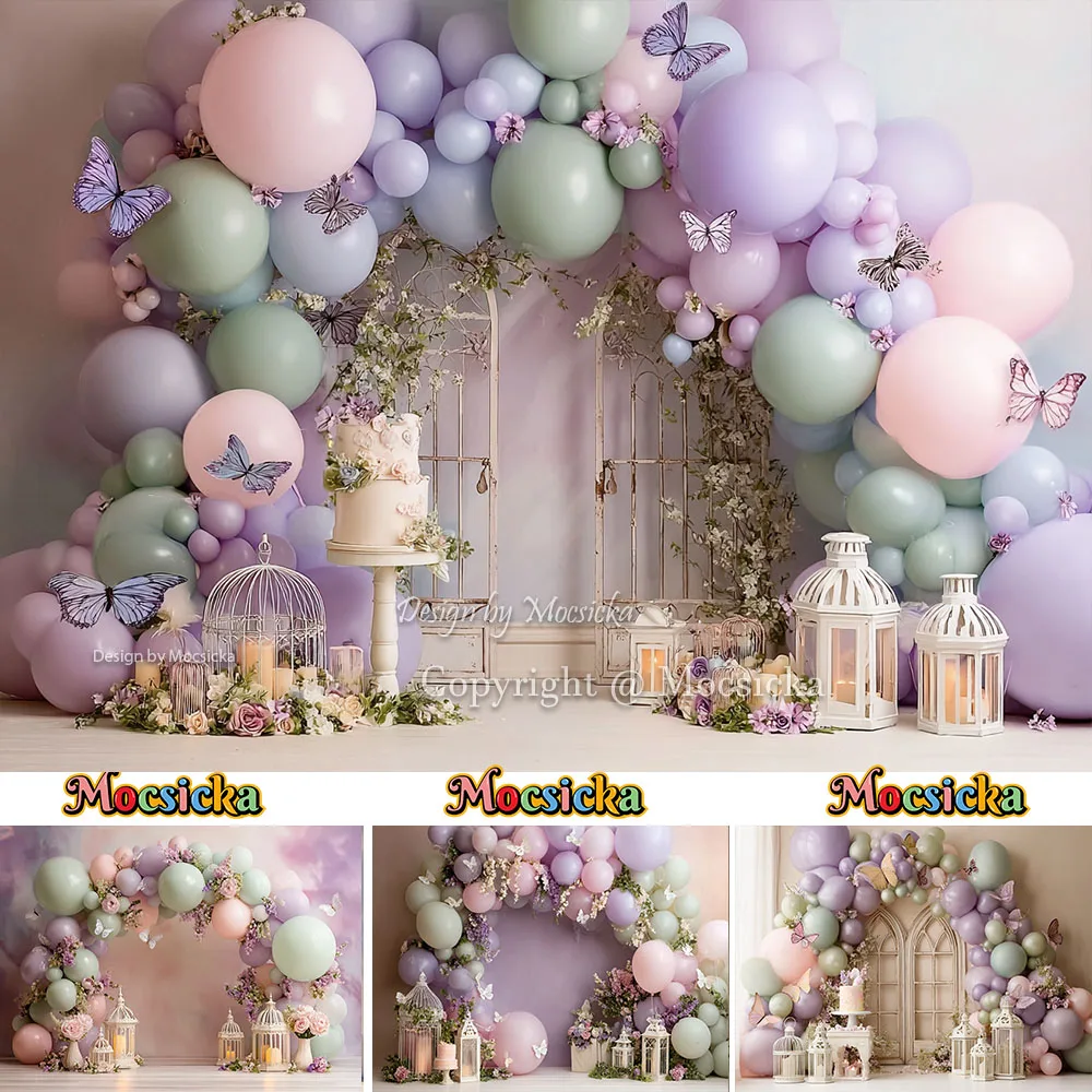Mocsicka Girl 1st Birthday Backdrop Purple Balloon Decor Butterfly Floral Wedding Baby Shower Photography Background Studio