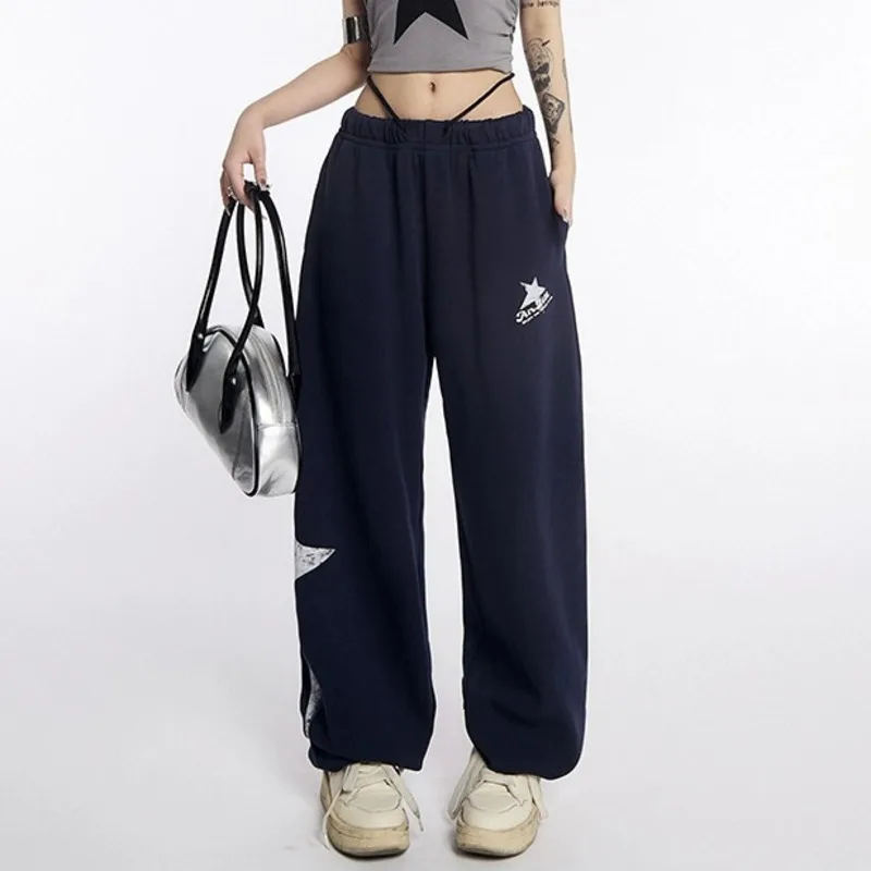 Pantaloni sportivi Hip Hop con grafica con cinturino Donne della gioventù Y2k Ragazze Grunge Pantaloni larghi casual a gamba larga Pantaloni sportivi larghi Stile coreano femminile Yk2