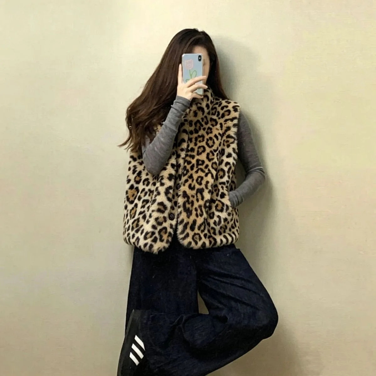 Elegant Women's Leopard Print  Fur Vest Fashionable Sleeveless Shoulder Pad Jacket High Quality Autumn Outerwear