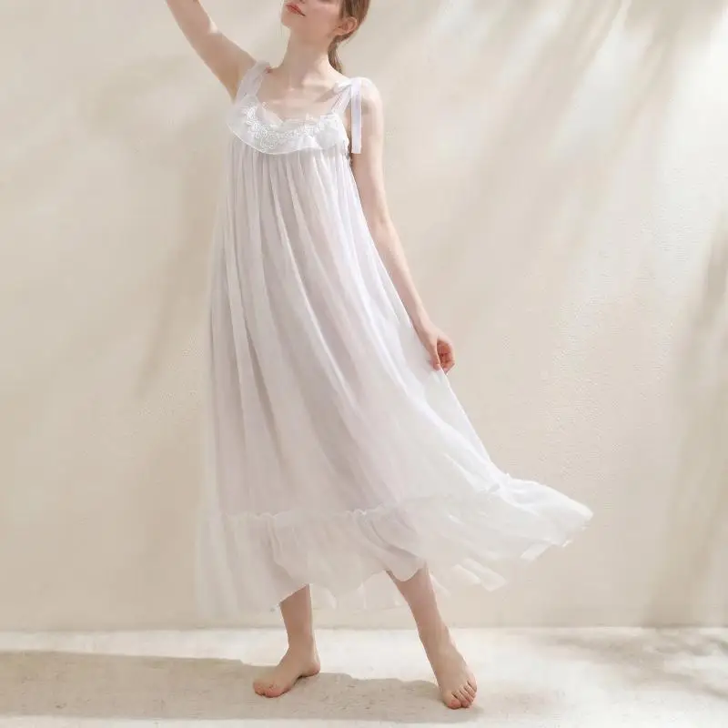 Women Princess Fairy Long Nightgown White Lace Bow Tie Strap Mesh Ruffle Hem Night Dress Vintage Loose Sleepwear Loungewear