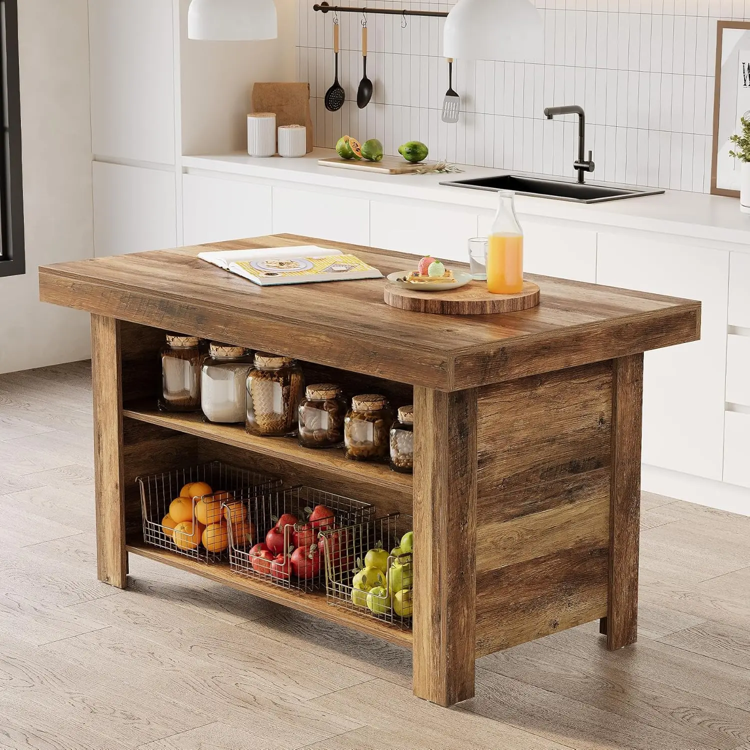

55-Inch Farmhouse Kitchen Island with Storage, Large Worktop & Leg Room, Rustic Brown Stationary Table