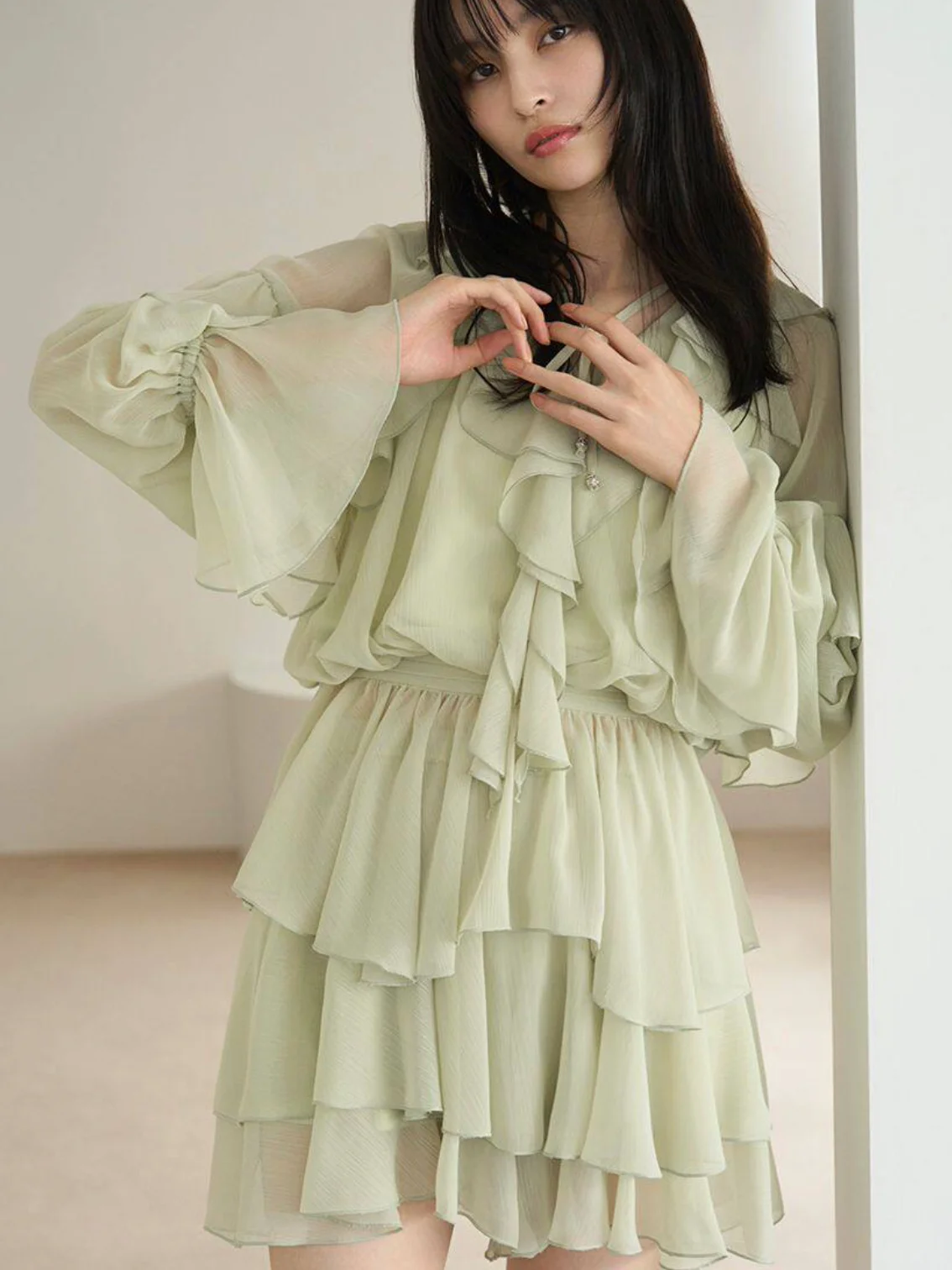 

Sweet Blouse Short Skirt Pants Two-Piece Set Pure LB Home Elegant Fairy Series Gathered Hemline Polyester Fiber Loose Fit