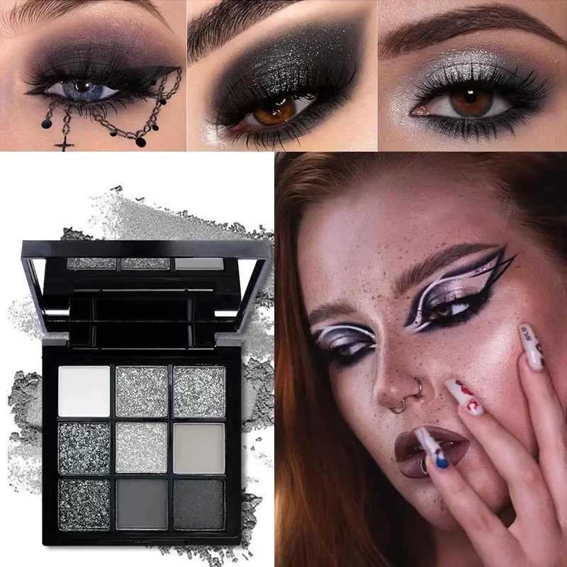 Oogschaduwpalet met 9 rasters - paars en blauw en zwart, glitter, mat, meerkleurige opties, langdurige muziekfestivalpodiumcosmetica