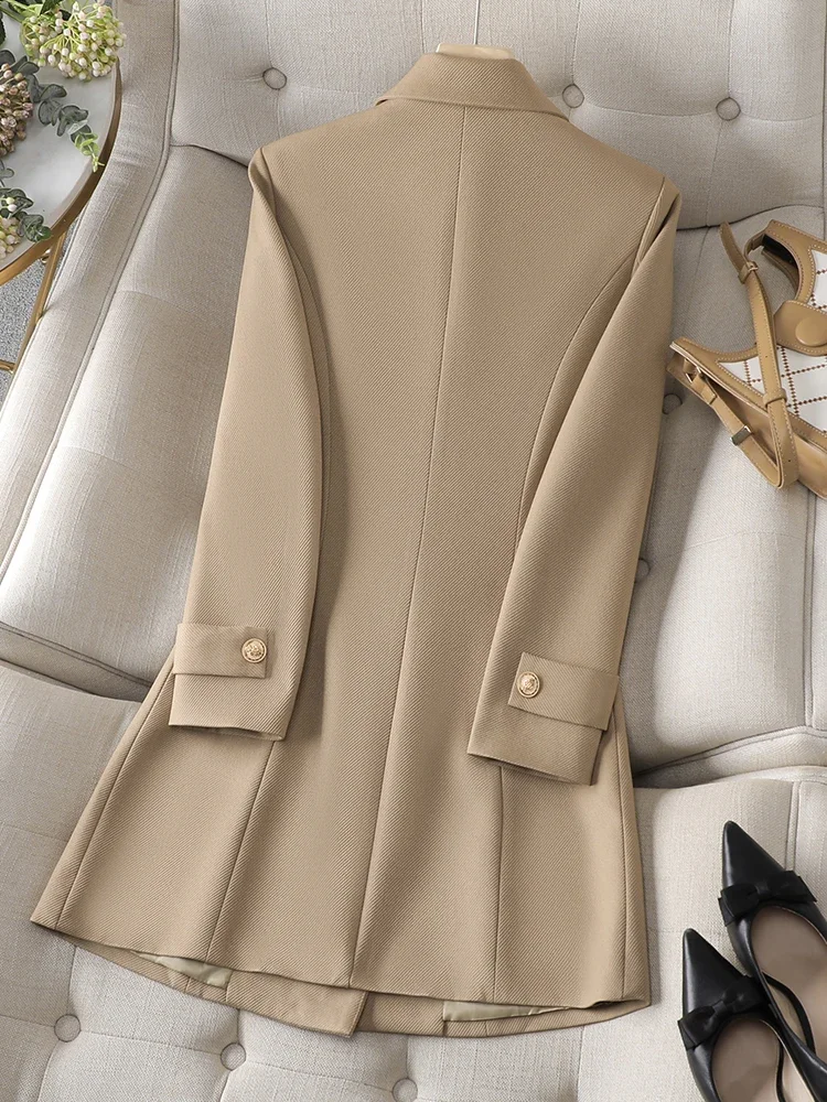 Autumn Winter Long Formal Blazer Jacket Women Khaki Brown Black Office Ladies Female Business Work Wear Coat REF-2023