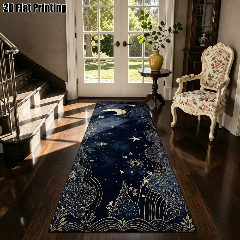 1Pc Dreamy Star Moon Starry Sky Pattern Printed Strip Carpet, Mysterious Astrology Art Style Corridor Carpet, Suitable for Kitchen, Bedroom, Foyer, Balcony, Entrance, Bedside, Romantic Starry Sky Atmosphere Home Soft Decoration