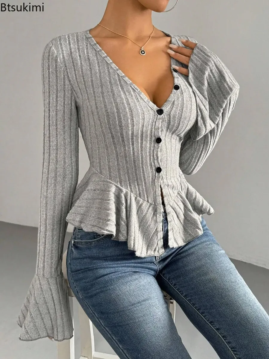 2026 Women's Sexy V Neck Ruffle Trim Slim Brushed Tops Spring Autumn Fashion Long Sleeve T-Shirts Female Elegant Commuting Tops