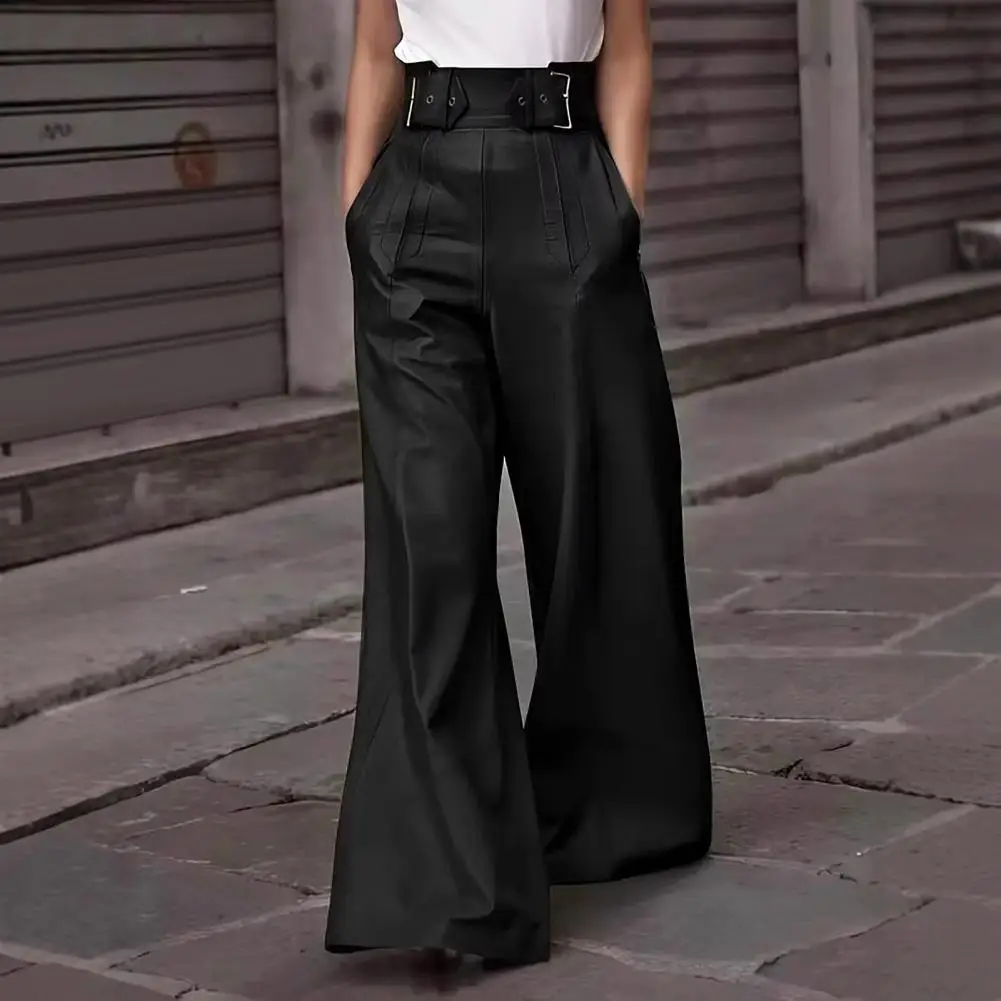 

Women's Flare Slim High Waist Loose Pocket Artificial Leather Stretch Waist Wide Leg Street Wear Solid Color Pants