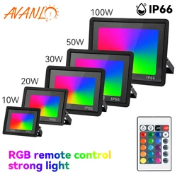 Luz de inundação impermeável RGB, Refletor LED, Iluminação exterior do jardim, Refletor IP66, 100W, 50W, 30W, 20W, 220V