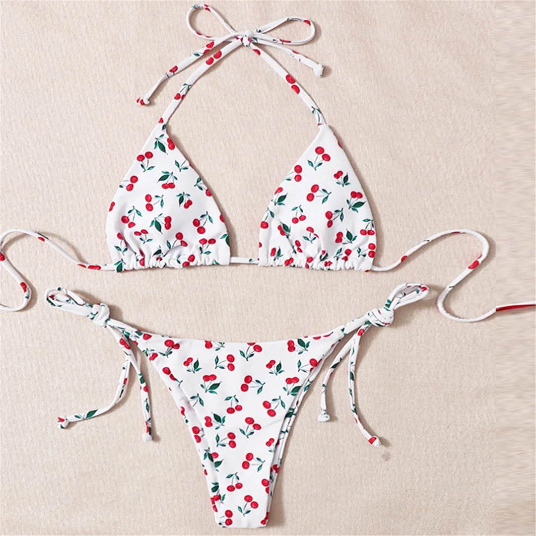 XS - L Cherry Print Neckholder-Bikini mit Trägern, Damen-Badeanzug, zweiteiliger Bikini-Set, Badebekleidung, Badeanzug, Schwimmbekleidung V4894 – Detail 8