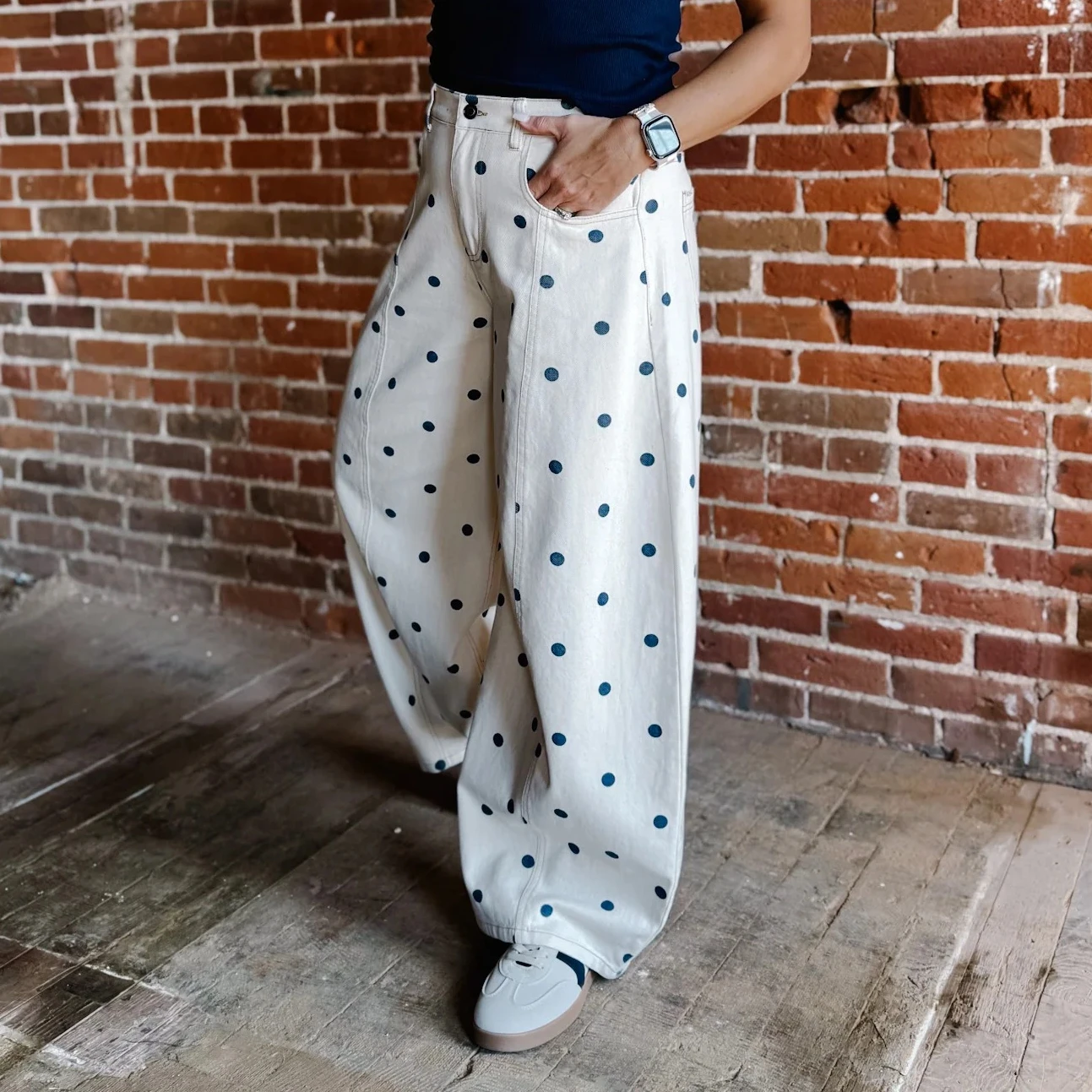 Fashion Women Barrel Jeans Dot Print Loose Denim Pants Spring Casual Baggy Trousers Fashion Wide-Leg Pants