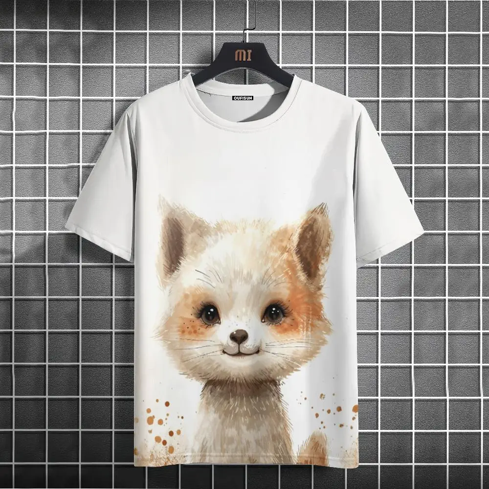 Men'S T-Shirts Cartoon Cat Print Cute Personification Cat Pattern Casual Short Sleeves Y2K Tees Tops Loose Female Clothing