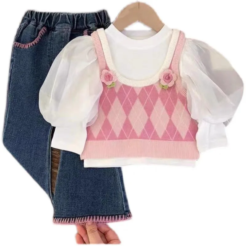 New Girls' Autumn Clothing Suits Baby Girl Knitted Vest Bottoming Sweater Children's Jeans Three-Piece Set