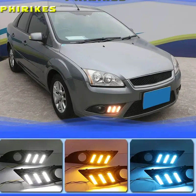 

1Pair DRL For Ford Focus 2007 Sedan Daytime Running Lights LED Fog head Lamp cover Daylight with Yellow turn signal