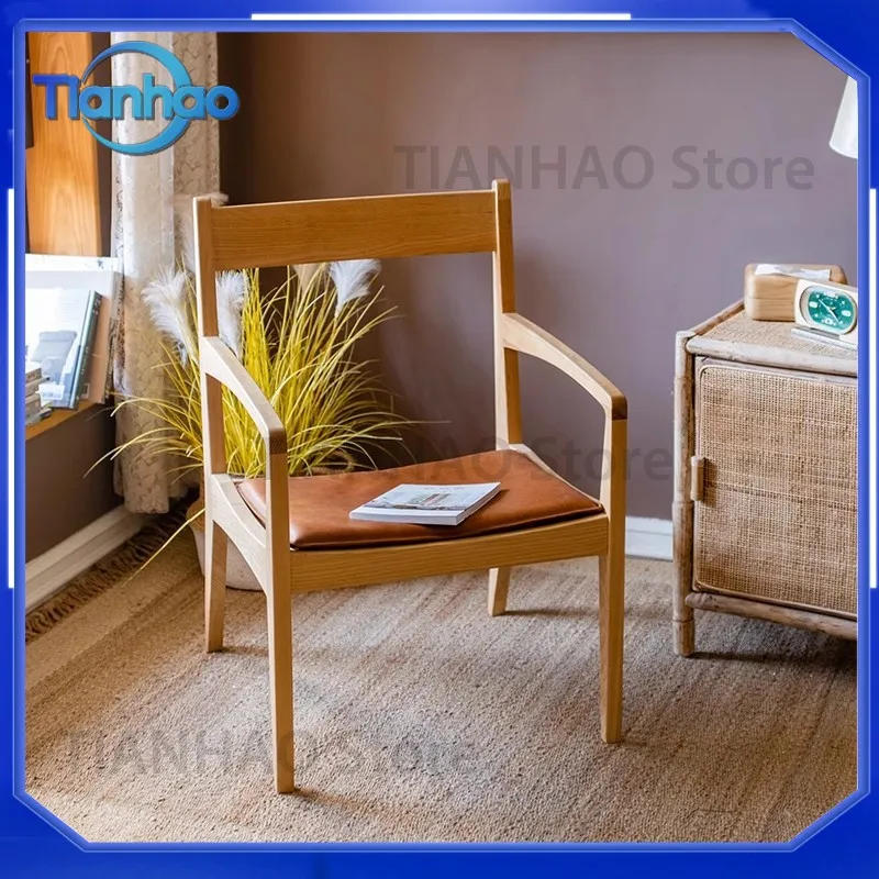 Solid Ash Wood Dining Chair with Backrest and Armrests for Modern Minimalist Art Style Restaurant or Study Room