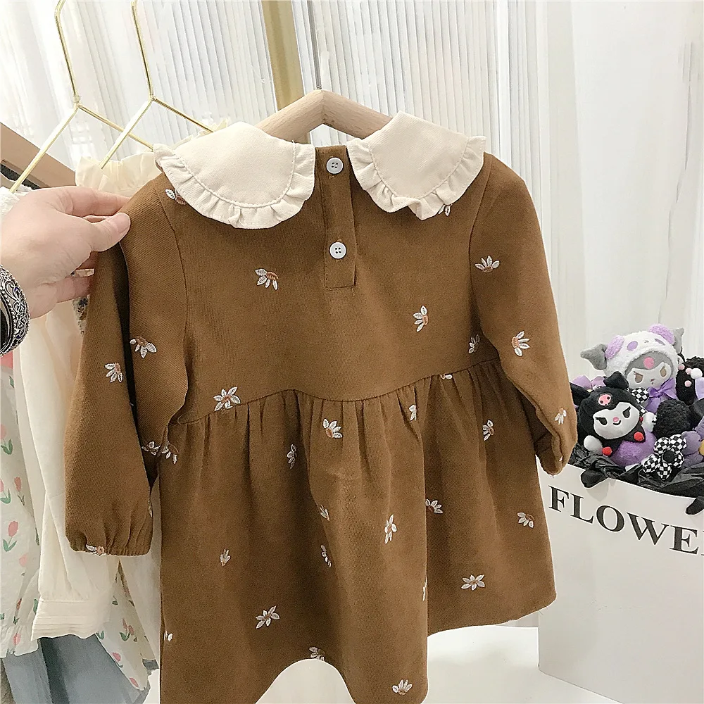 Girls Fashion Lace Collar Solid Color Dress Spring and Autumn New Baby Girls Long Sleeve Embroidered Princess Khaki Dress