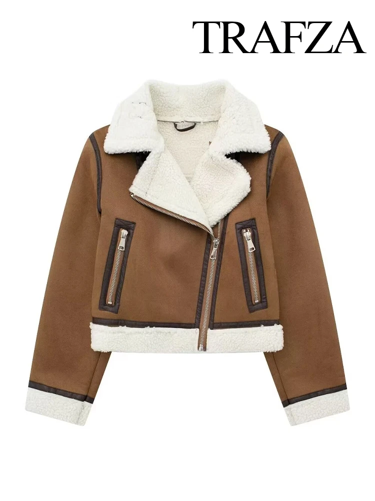 TRAFZA Women Winter Fashion Turn Down Collar Lamb Fur All-in-One Bomber Coat Female Zipper Pocket High Street Warm Short Jacket