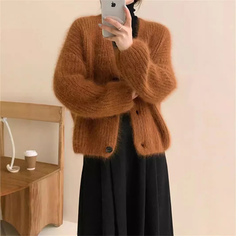 Dames Cropped Vest Trui Lente Herfst Straat Vintage Mohair Gebreide Trui Mode V-hals Puffer Trui Jas Vrouw