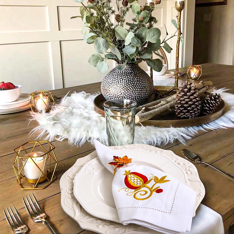 Pomegranate Embroidered Napkin, Beautiful Elegant  Fall 2023, Placemat, Hemstitch, Cotton+Linen, Table Decoration