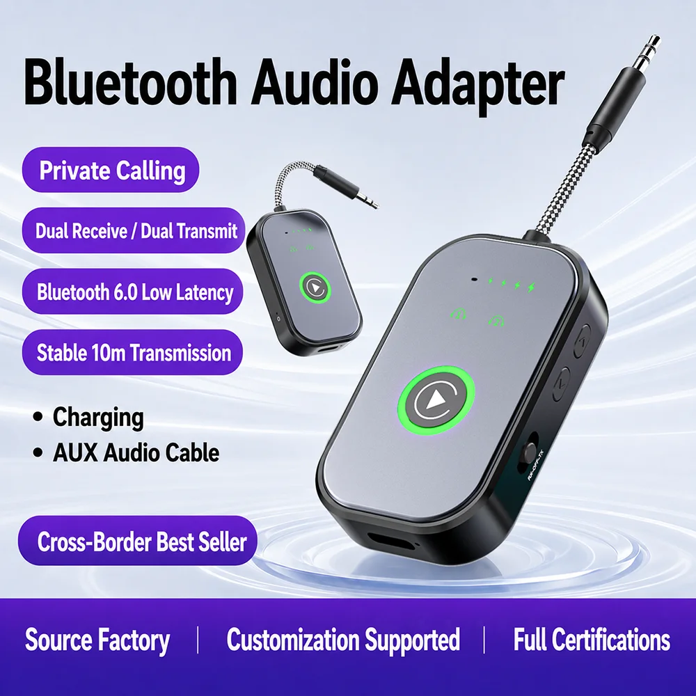 Bluetooth 6.0 AUX Audio Transmitter Receiver 2 IN 1 Wireless Adapter 3.5MM With Mic HiFi Stereo Music For Car TV PC Airplane