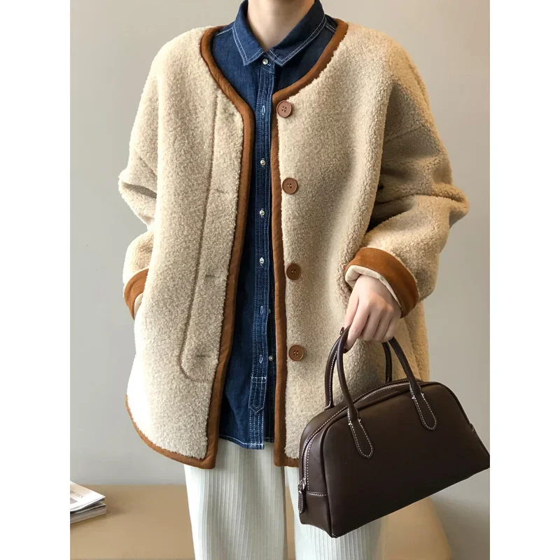 french-lamb-wool-color-matching-coat-women's-winter-korea-simple-casual-basic-long-sleeve-chic-loose-double-faced-fur-coat-lady