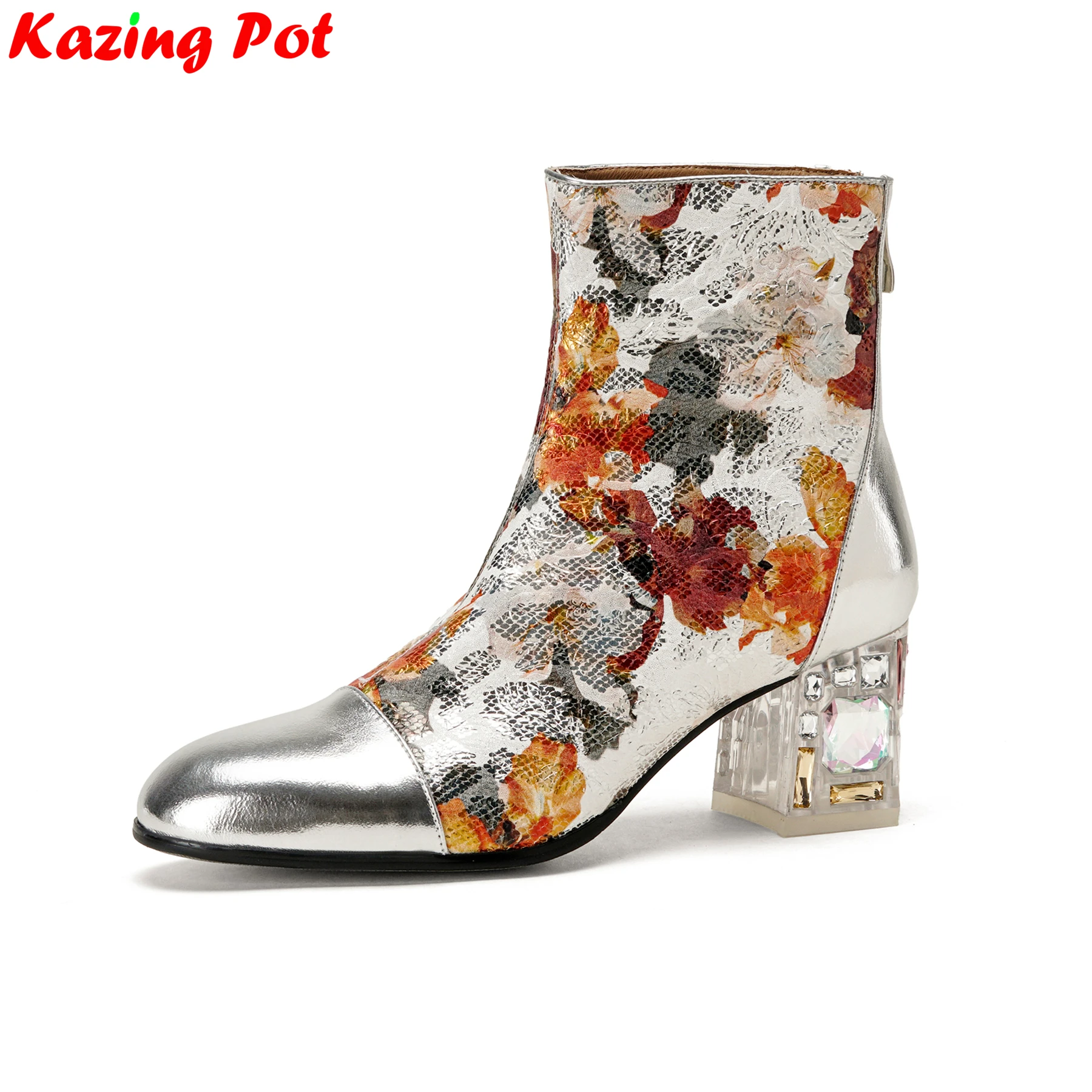 Plus Size Print Leather Round Toe High Heels Zipper Modern Boots Warm Winter Dance Shoes Dating Flowers Casual Brand Ankle Boots