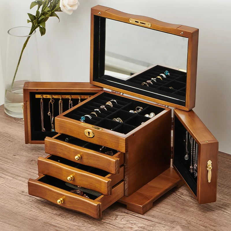 Solid Wood Jewelry Box with Lock Retro Large Capacity  Jewelry Boxes Necklace Storage Box Display Case Necklace Organizer