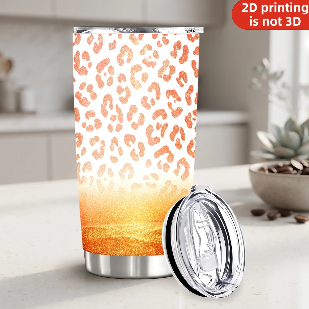 20oz Orange Gold Glitter Leopard Print Stainless Steel Tumbler with Lid and Straw, Amber Sunshine Cheetah Spots Sparkle Ombre Vacuum Insulated Travel Coffee Mug Gifts