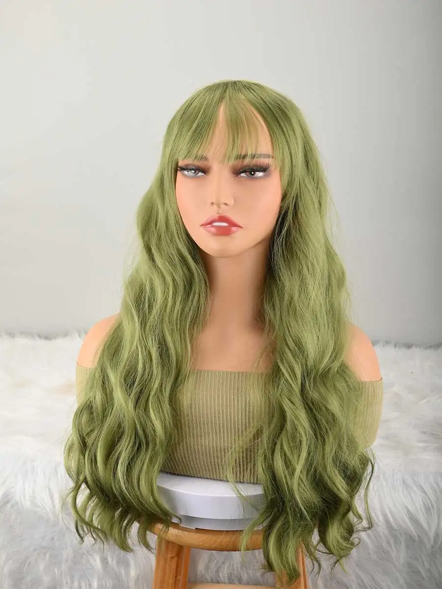 

Green Long Wig With Bangs Natural Hair Fiber Synthetic Cosplay Wig For Women And Girls, Perfect For Hallowee Cosplay