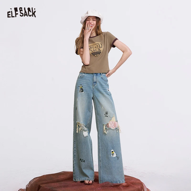 ELFSACK Printed Straight Leg Distressed Lace Jeans for Women