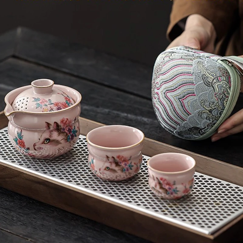Pink Ru Kiln Peach Blossom Ragdoll Cat Travel Tea Set High-end Ceramic Ladies' Special Tea Cup One Pot and Two Cups Portable Set