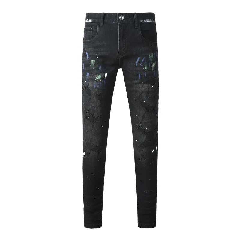 Men Black Washed Iridescent Foil Print Splash‑Ink Distressed Stretch Skinny Denim Jeans Hip‑Hop Streetwear Denim Jeans