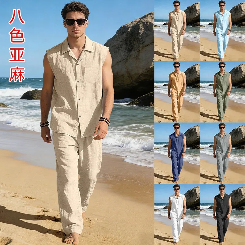 Conjunto de Verano para Hombre, Camisa de Lino con Cuello de Solapa, Bolsillo en el Pecho, Camisa Abotonada, Beige, Verde Oliva, Conjunto Casual de Dos Piezas para Verano