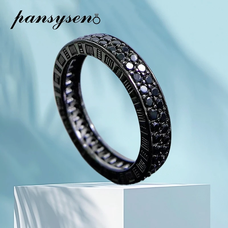 PANSYSEN 100% 925 Sterling Silver Round Cut Created Obsidian Black Gemstone Rings for Women Men Vintage Fine Jewelry Wholesale