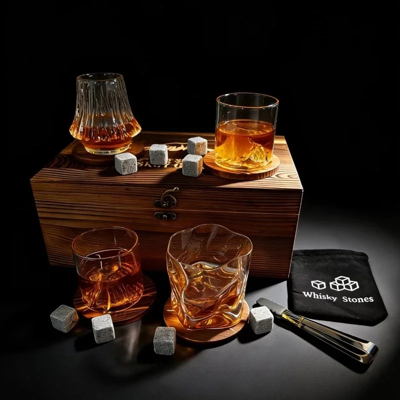 Best Whiskey Glasses Set Premium Christmas Gift 4 Different Whisky Cups 4 Wooden Coasters 8 Stones Storage Bag And Clip Suit