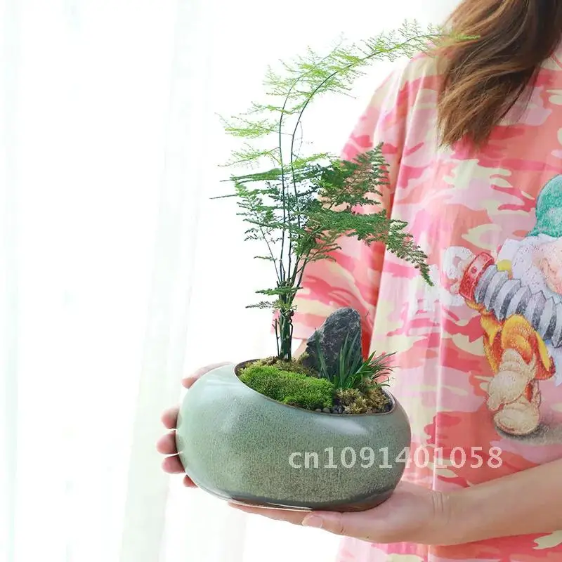 Retro Ceramic Flower Pot Creative Desktop Home Succulent Green Planted Bamboo Potted Utensils Chinese Pastoral