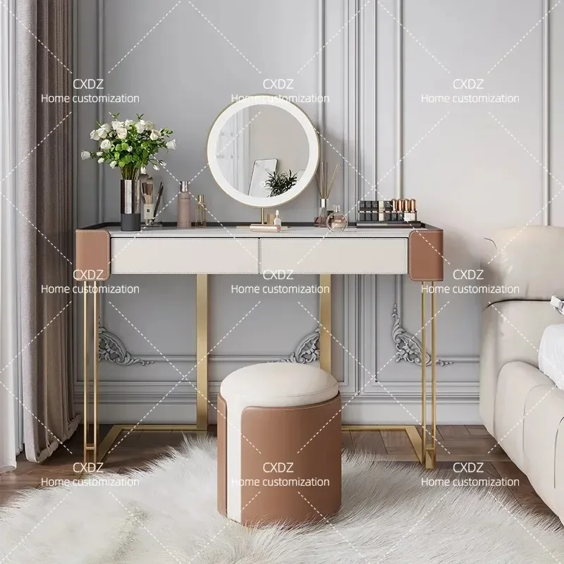 Modern Minimalist Dresser with LED Mirror Saddle Leather Rock Slab Vanity Table Integrated Storage Bedside Cabinet for